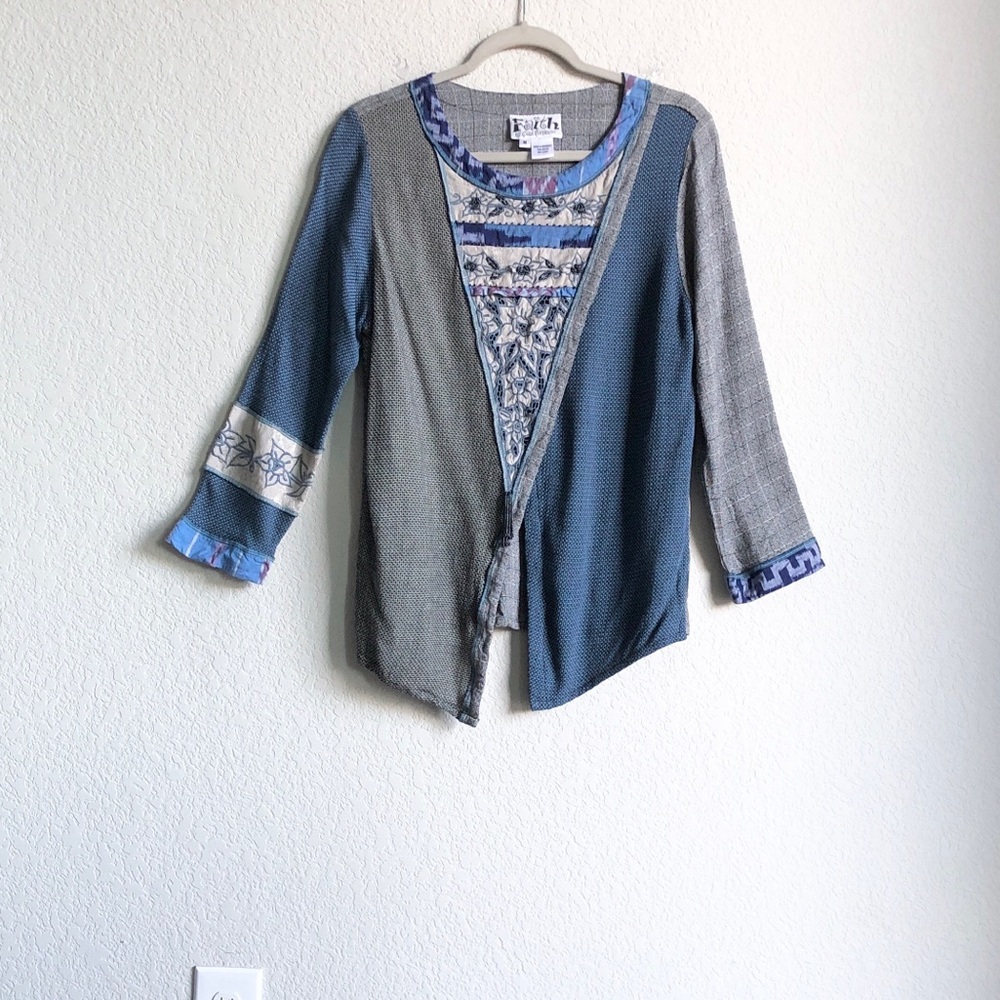Faith by Celia Forrester Vintage Top Patchwork Beaded Boho 3/4 Sleeve Whimsical